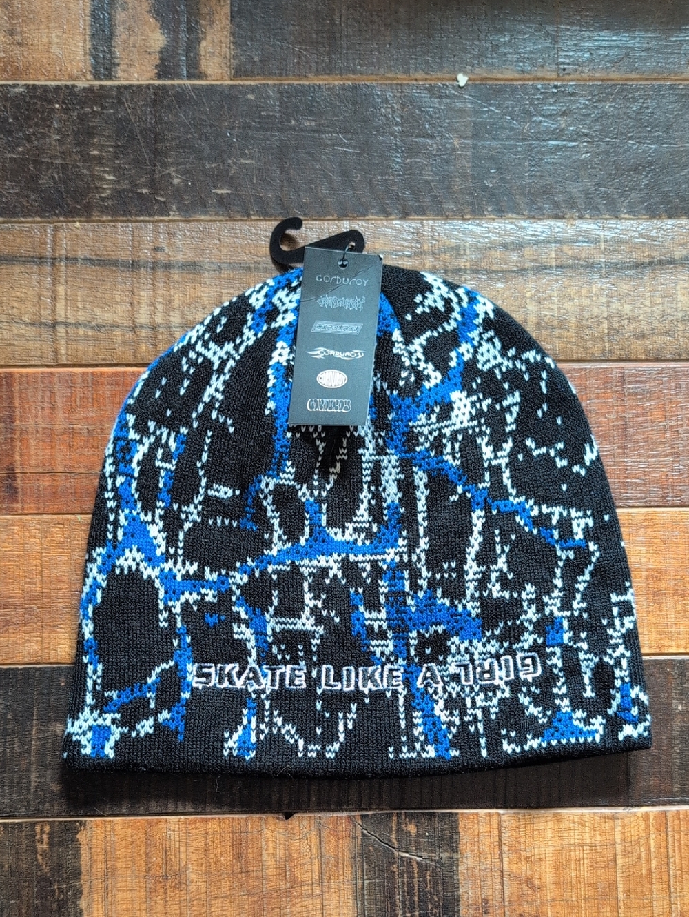 Skate Like a Girl Knit Beanie in Black, Blue & White